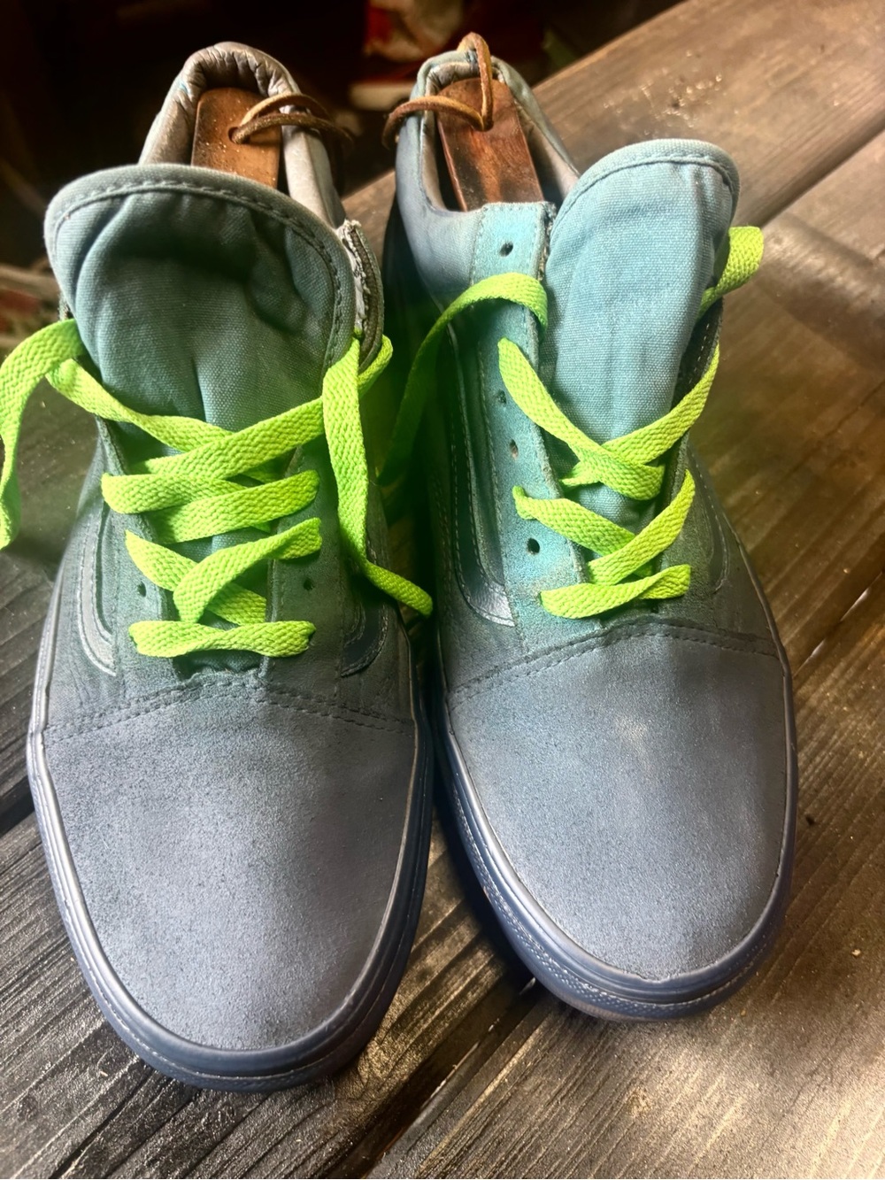 Blue Vans Old Skool sneakers with neon green laces size 11 good condition